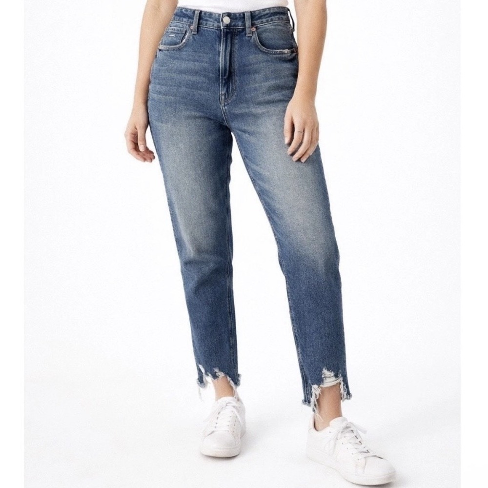 American Eagle Mom Jeans Size 8 Short Cool‎ Hand Blue Raw Hem High Rise NWT